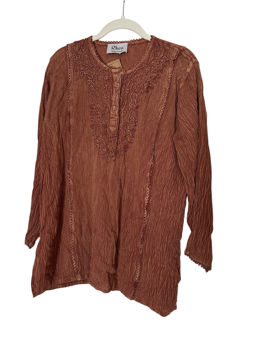 Rust Brown Embroidered Fall Autumn Tunic Crinkle Top